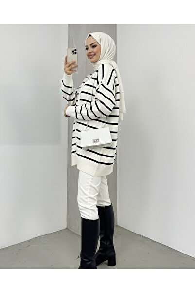 Modamorfo Striped Buttoned V-Neck Knitwear Cardigan -Ecru