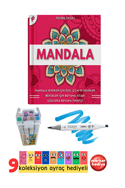 Pembe Pasaj Yetişkinler Mandala Boyama Kitabı Ve 12'li Kutu Marker Seti