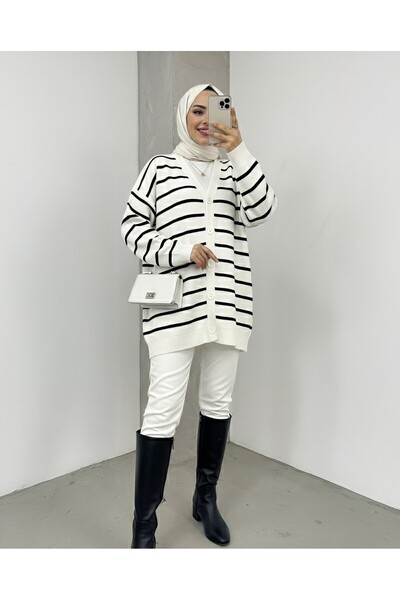 Modamorfo Striped Buttoned V-Neck Knitwear Cardigan -Ecru