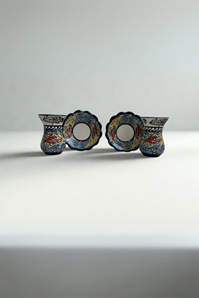 KYA CERA Lale Desenli El Yapımı Seramik 2’li Çay Bardağı Seti – Turkuaz