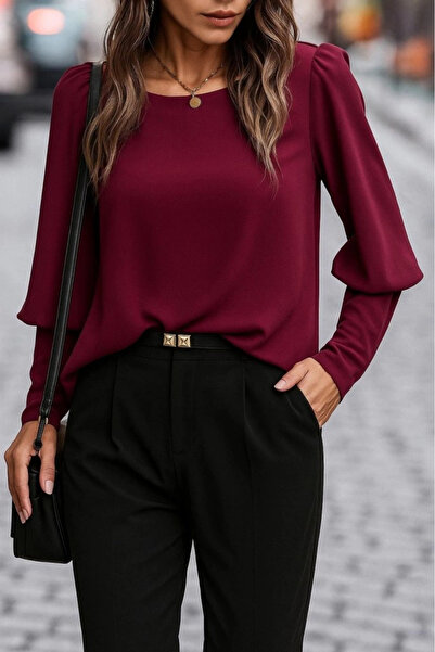 ARONA Women's Long Sleeve Round Neck Buttoned Imported Crepe Blouse