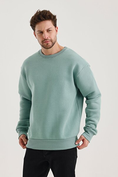 COMBİNE MİCHAİL Çağla Pamuklu Bisiklet Yaka Oversize Şardonlu Basic Erkek Sweatshirt