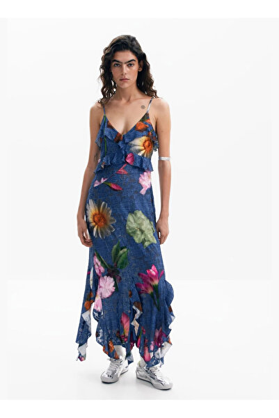 Desigual V Yaka Desenli Çok Renkli Uzun Kadın Elbise 25SWVK16