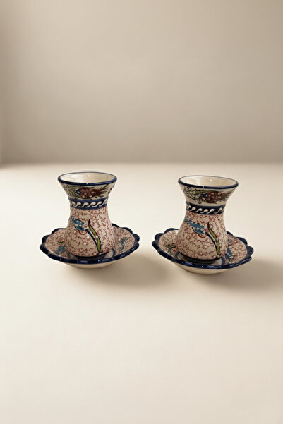 Home El Yapımı Seramik Kabartma Desenli 2'li Çay Bardağı Seti - Hediyelik - Karma Lale