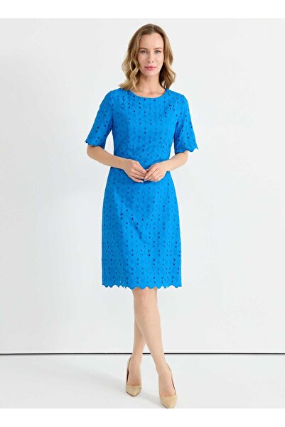 Selen O Yaka Desenli Mavi Standart Kadın Elbise 25YSL7616
