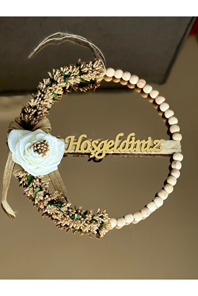 MACROMEKİDS Χειροποίητο στολίδι πόρτας καλωσορίσματος 30 εκ. με χρυσά λουλούδια με μεταλλική τροχαλία, λεπτομέρεια από κιπσό και τριαντάφυλλο