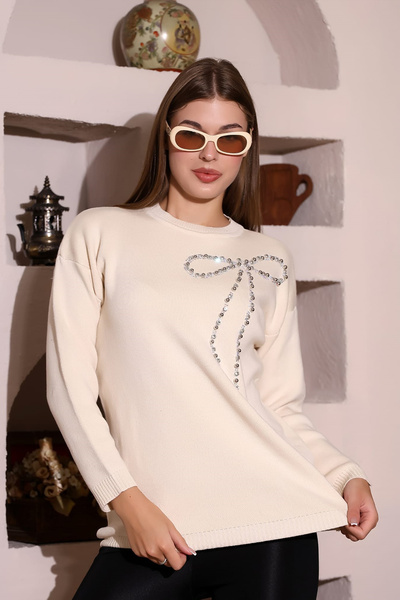 MILANOFOX Washable Cream Knit Sweater with Bow Stone Detail – Stylish and Modern Design