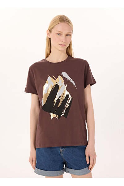 LİMON COMPANY Limon Yuvarlak Yaka Baskılı Kahve Kadın T-Shirt L5SL-TST5810