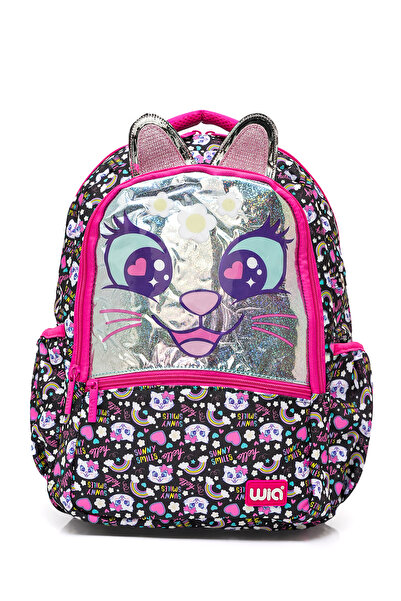 Wia Sweet Cat 3 Compartment Black School Backpack