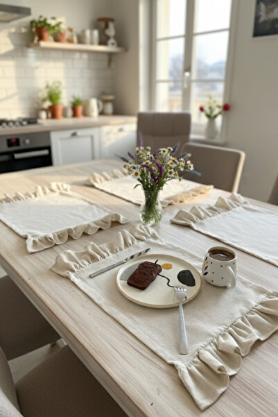 Kayasoft Fırfırlı Keten Amerikan Servis Seti – 6’lı Çift Taraflı Masa Sunum Örtüsü