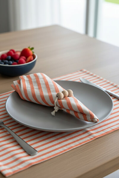 Kayasoft Turuncu Çizgili Pamuk Keten Amerikan Servis-Supla-Servis Peçetesi 6 ...