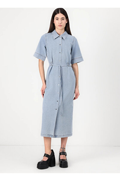 Vero Moda Gömlek Yaka Açık Mavi Orta Kadın Elbise VMMELINDA 2/4 7/8 LONG DENIM DRESS