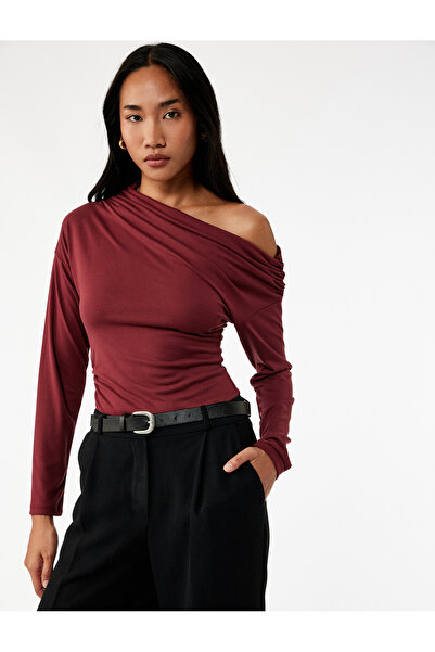 Koton Modal ύφασμα Slim Fit Drape Λεπτομερές ασύμμετρο γιακά μακρυμάνικο μπλουζάκι