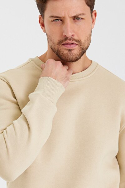 CLIPMAN Ανδρική slim Fit Crew Neck μονόχρωμη μπλούζα με 3 κλωστές μπεζ