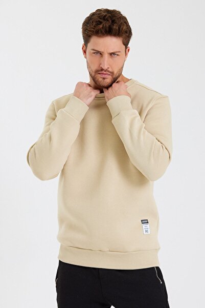 CLIPMAN Ανδρική slim Fit Crew Neck μονόχρωμη μπλούζα με 3 κλωστές μπεζ