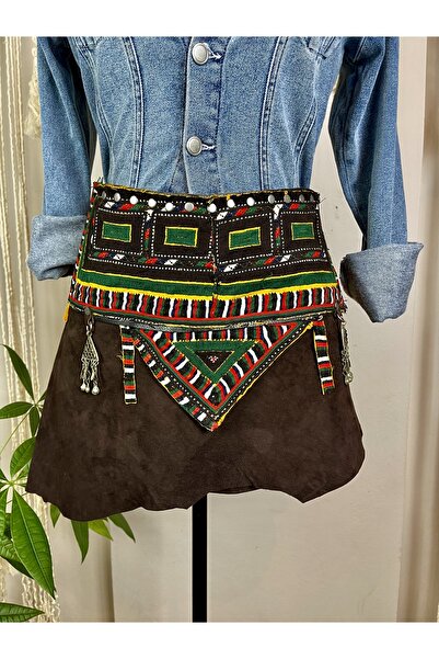 Madame Lucid Hakiki Deri Nubuk Boho Gpypsy Tasarım Mini Etek Kemer