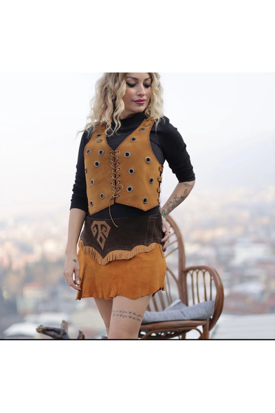 Madame Lucid El Yapımı Tasarım Gerçek Deri Boho Kısa Yelek