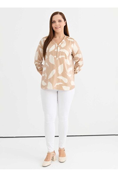 Selen V Yaka Emprime Bej Kadın Bluz 25YSL8131