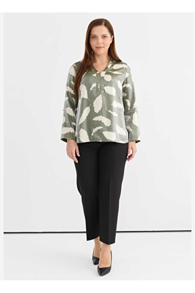 Selen V Yaka Emprime Haki Kadın Bluz 25YSL8131