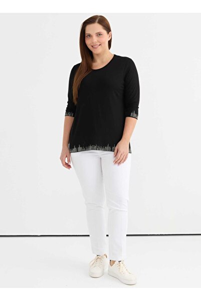 Selen Yuvarlak Yaka Taşlı Siyah Kadın Bluz 25YSL8091-BB