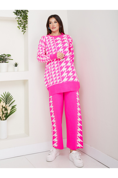 RACE FASHİON Houndstooth Patterned Double Knitwear Set Rc8213