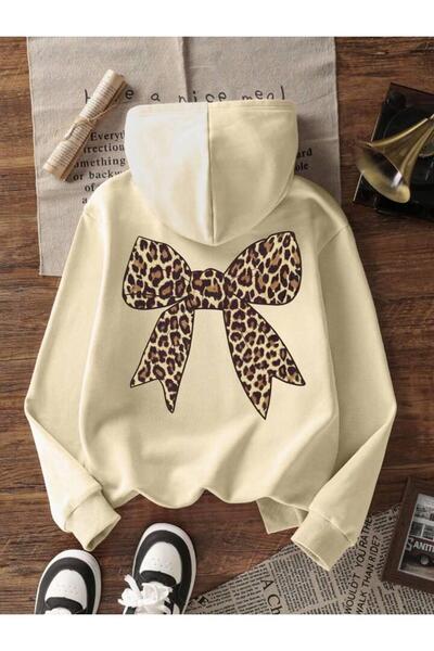 trendgar Leopar Fiyonk Sırt Baskılı Bej Kapşonlu Kanguru Cep Sweatshirt Hodie