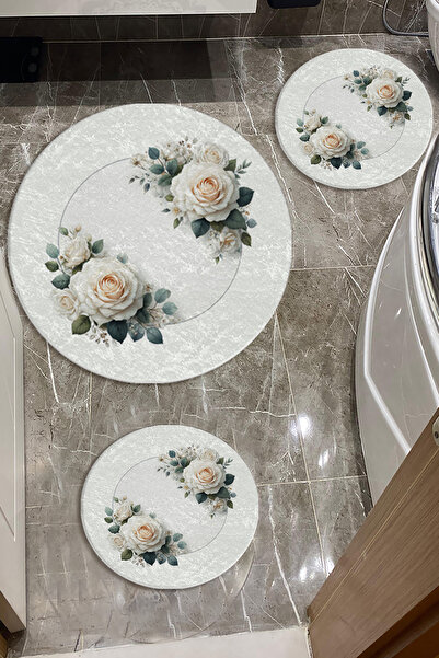Evperest Çizgili Çiçekli Banyo Paspas Seti