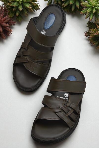 ISPARTALILAR Gel Sole 057 Full Orthopedic Daily Genuine Leather Men's Slippers Inside and Outside Genuine Leather