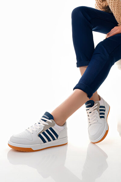 McDark Women's White Navy Blue Thermo Sole Striped Lace-Up Sports Shoes