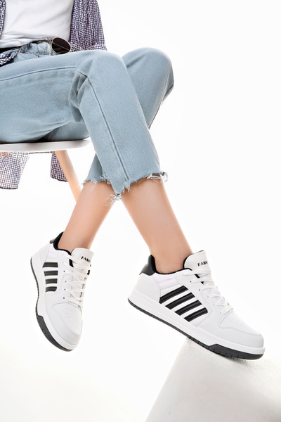 McDark Women's White Black Thermo Sole Striped Lace-Up Sneaker Shoes