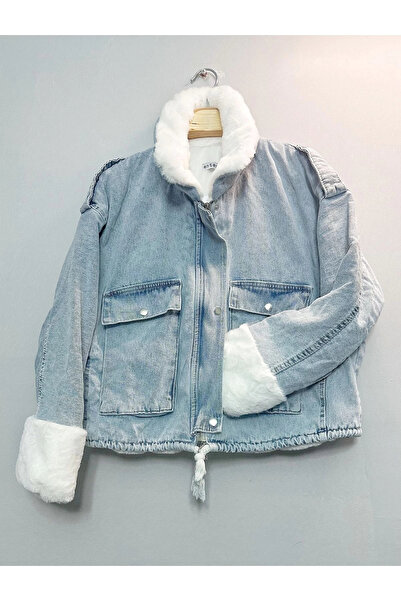 Mevalina Kadın Beyaz Kürklü Denim Kot Ceket Mont