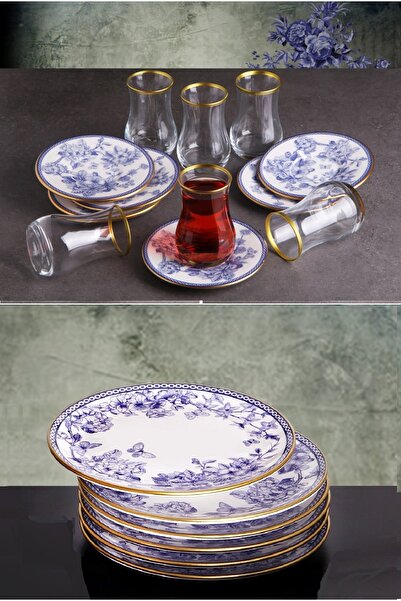 Pinkev طقم أطباق كيك سيراميك 18 قطعة على شكل فراشة مع كوب شاي - Kup119s