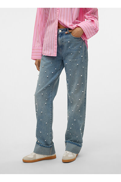 Vero Moda Orta Bel Düz Paça Düz Mavi Kadın Denim Pantolon VMALLISON MR STRAIGHT PEARL JEANS S