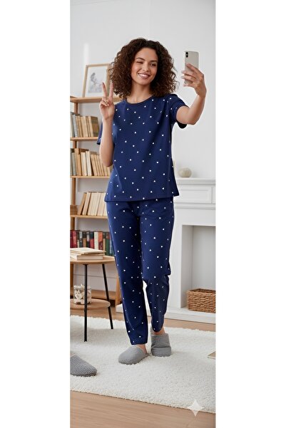 LETS BASIC Kadın Kalp Baskılı Lacivert Pijama Takımı - Kalpli Desenli