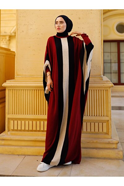 SAHRA BUTİK فستان محبوك بأكمام باتو - أحمر كلاريت - SAHRA BUTIK