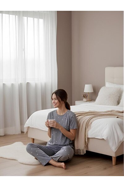 LETS BASIC Women's Heart Printed Gray Pajama Set - Heart Patterned