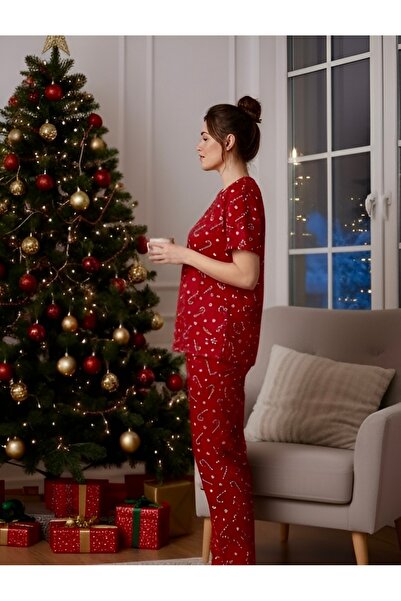 LETS BASIC Red Candy Cane Patterned Relaxed Fit Women's Pajama Set
