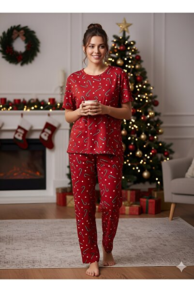 LETS BASIC Red Candy Cane Patterned Relaxed Fit Women's Pajama Set
