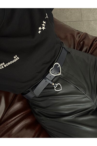 LİA KEMER Silver Belt with Heart Buckle, Jacket Belt, Pants Belt, Casual Belt