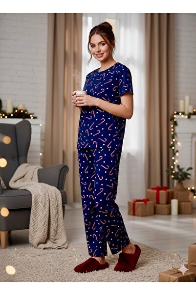 LETS BASIC Navy Blue Candy Cane Patterned Relaxed Fit Women's Pajama Set