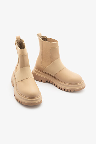 SAYL Γυναικείες μπότες μπεζ με ελαστικές πλευρές και χοντρή σόλα