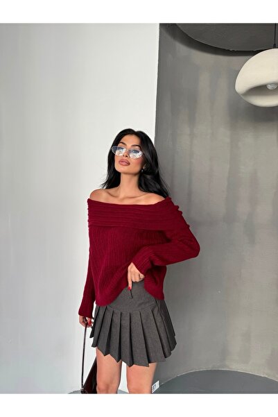 İLKCET MODA Thick Burgundy Madonna Collar Knitwear Sweater