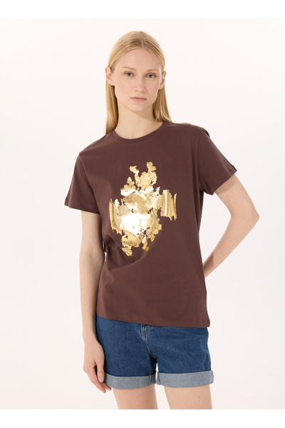 LİMON COMPANY Limon Yuvarlak Yaka Baskılı Kahve Kadın T-Shirt L5SL-TST5814