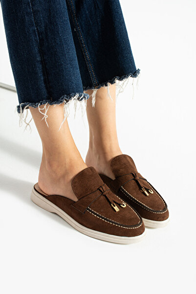 diclepolat Γυναικείες παντόφλες καφέ σουέντ slip-on loafer Luna