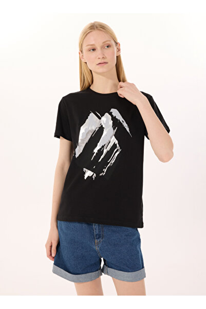 LİMON COMPANY Limon Yuvarlak Yaka Baskılı Siyah Kadın T-Shirt L5SL-TST5810