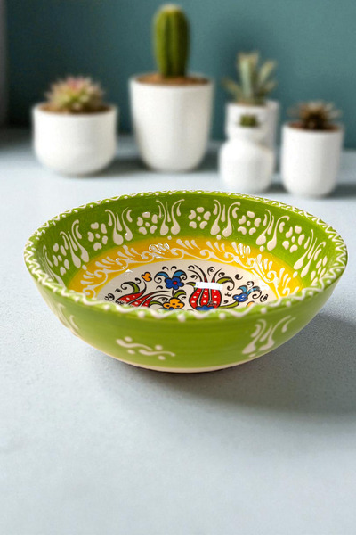 Salizera Handmade Tile Motif Ceramic Bowl-16 cm Diameter, 6.5 cm Height-Ethnic Authentic Tile Patterned