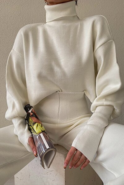 barış sülün lovebox Hand-stitched Flexible Knitwear Ecru Crop and High Waist Ecru Knitwear Trousers Top and Bottom Set 015