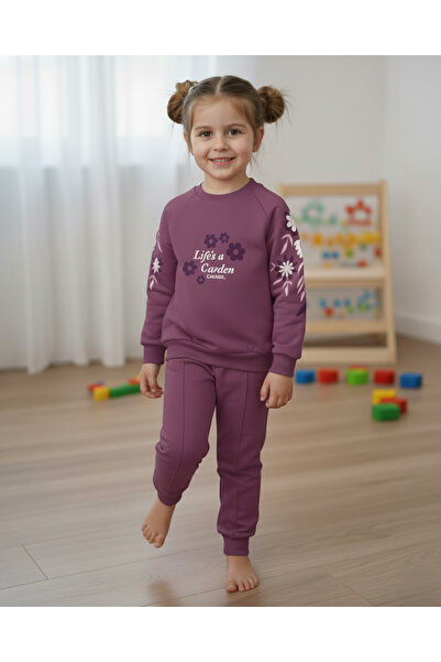 Ege Bebek طقم بدلة رياضية مضغوطة مطبوعة بالزهور للفتيات بعمر 2-3-4-5-6-7-8-9-...