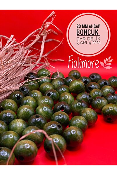 Fiolimore 20 ملم خرز خشبي أخضر كاكي (50 جرام 20 قطعة) قطر الفتحة الضيقة 4 ملم...
