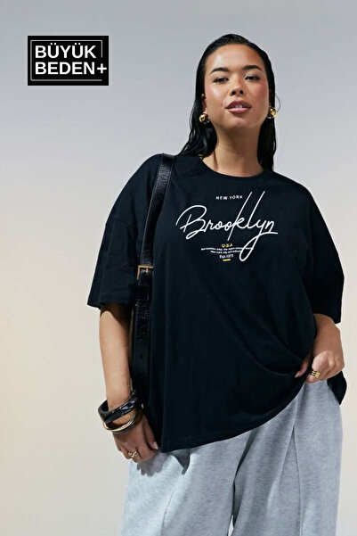 Superlife Kadın Büyük Beden El Yazılı Brooklyn Baskılı Bisiklet Yaka Tshırt S...